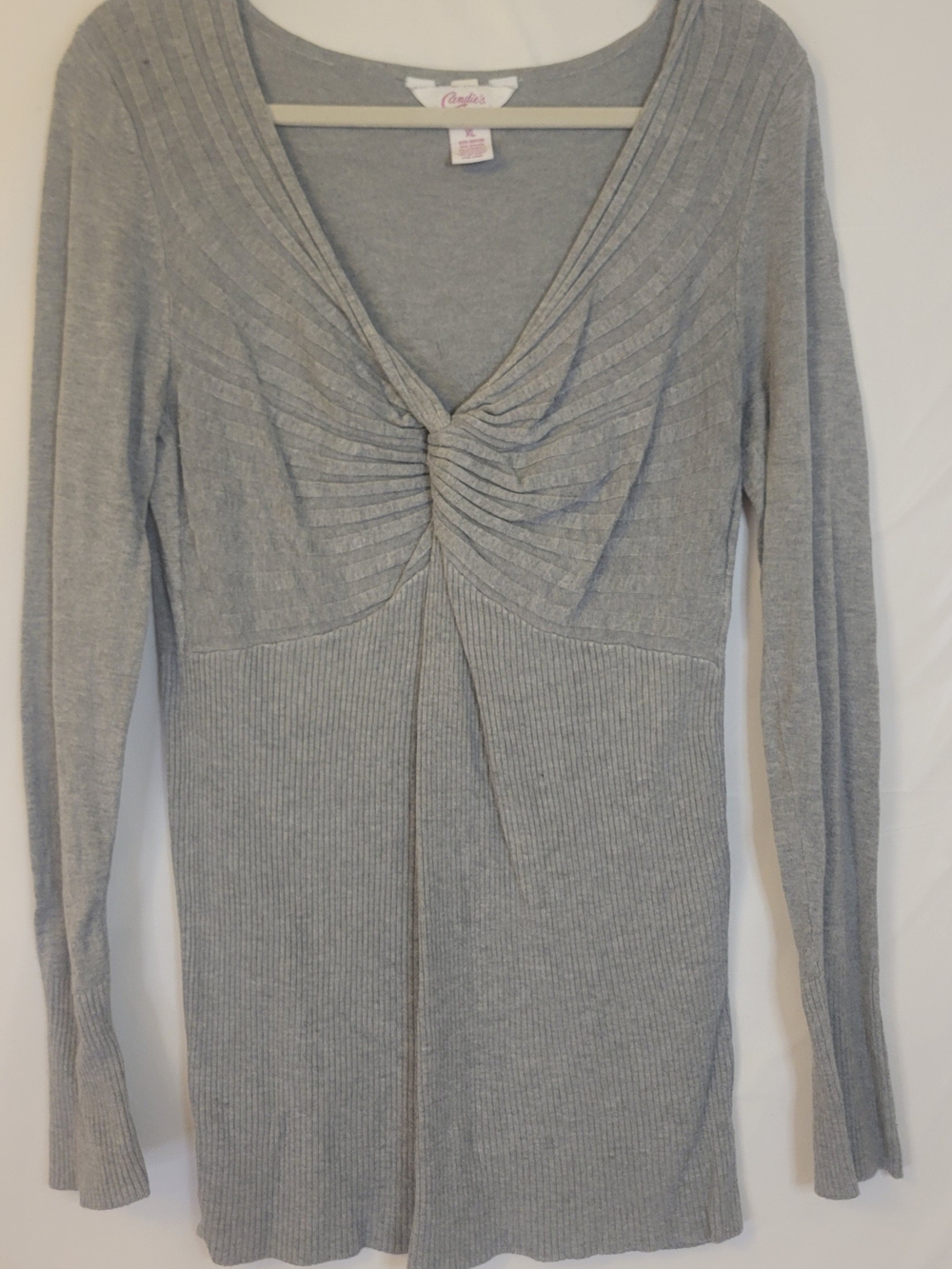 Gray Knitted Twist-Front Long Sleeve Top